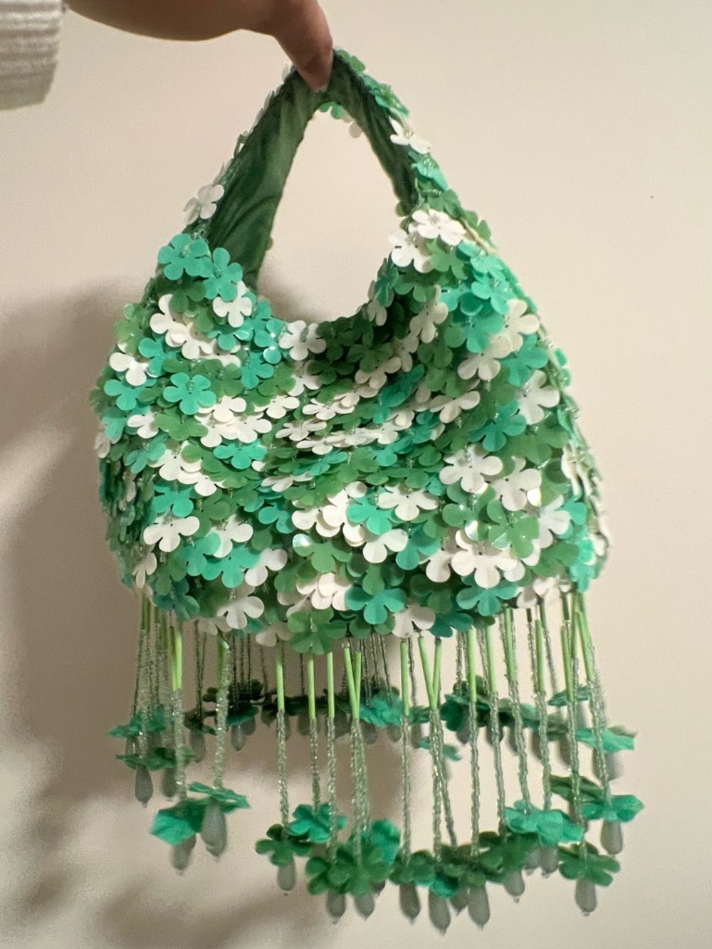 Green Floral Sequin Fringe Mini Bag - Women's Embellished Handbag
